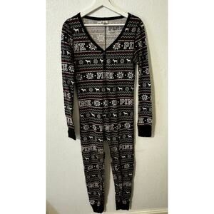 PINK Women's One Piece Long John Style Pajama Winter Holiday Print Size L